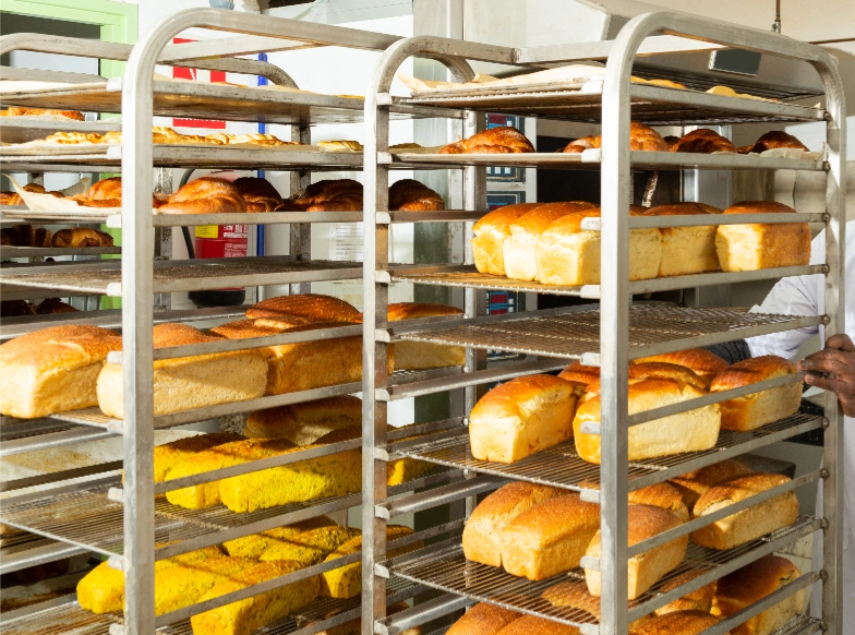 Racks of freshly baked bread